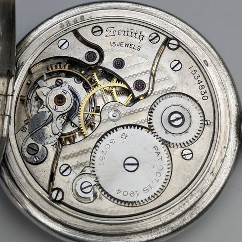 Around 1913 Antique Zenith pocket watch Art Nouveau engraving Hunter case on silver side Works well